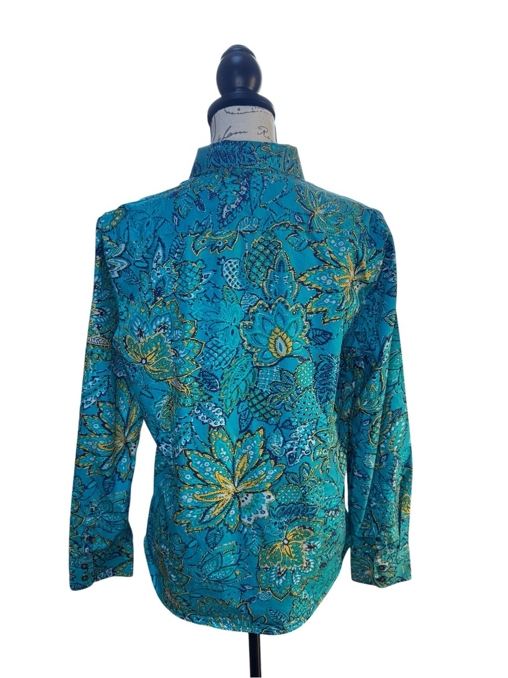 Lands' End Turquoise Floral Button-Front Blouse Size 12 - Picture 4 of 11